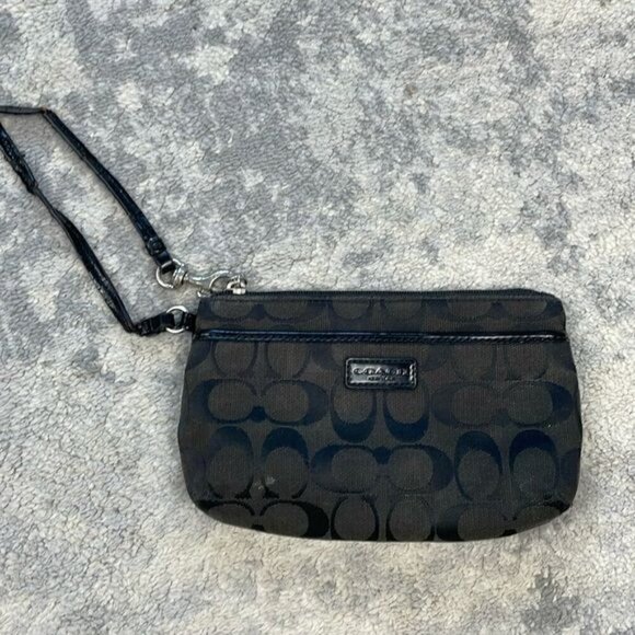 Coach Signature Zip Top Wristlet Pouch Monogram Black Dark Brown - Picture 2 of 16